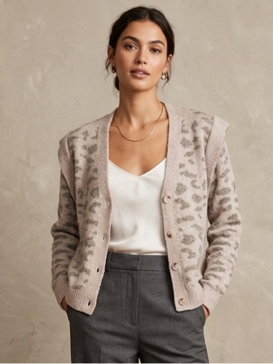 Mystree Sweaters - MYSTREE Animal Print Button Front Cardigan with Shoulder Detail